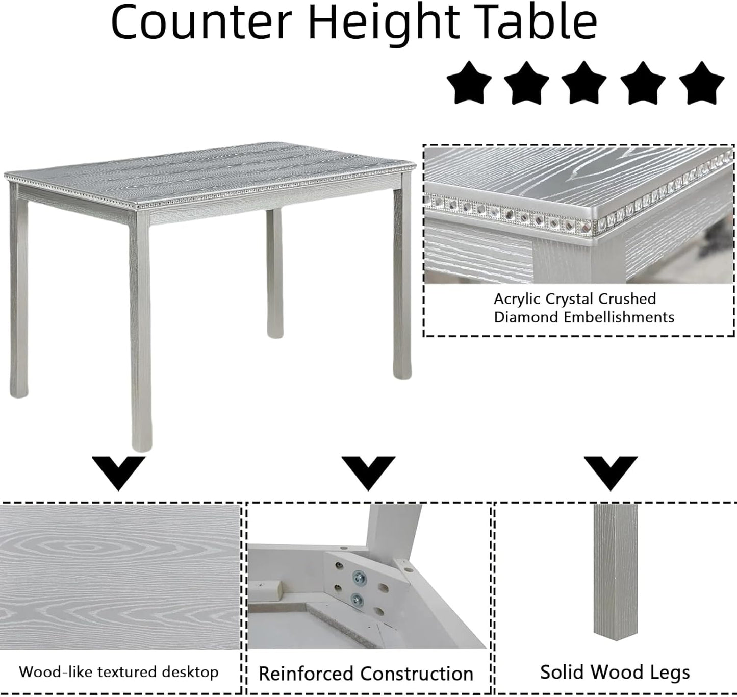 Dining Table Set for 4, 5-Piece Dining Room Table Set with Rectangular Crystal Decoration Table & 4 Upholstered Backrest Chairs, Counter Height Kitchen Sets with MDF Tabletop, Silver Gray