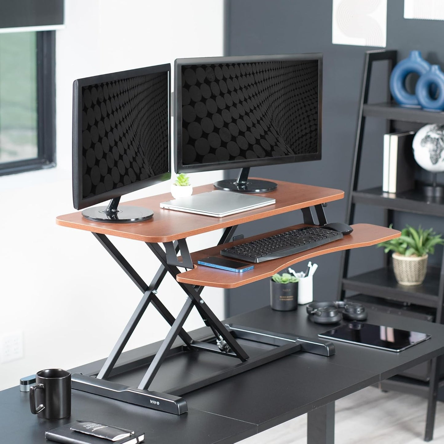VIVO 36 inch Desk Converter, K Series, Height Adjustable Sit to Stand Riser, Dual Monitor and Laptop Workstation with Wide Keyboard Tray, Dark Walnut Top, Black Frame, DESK-V036KA
