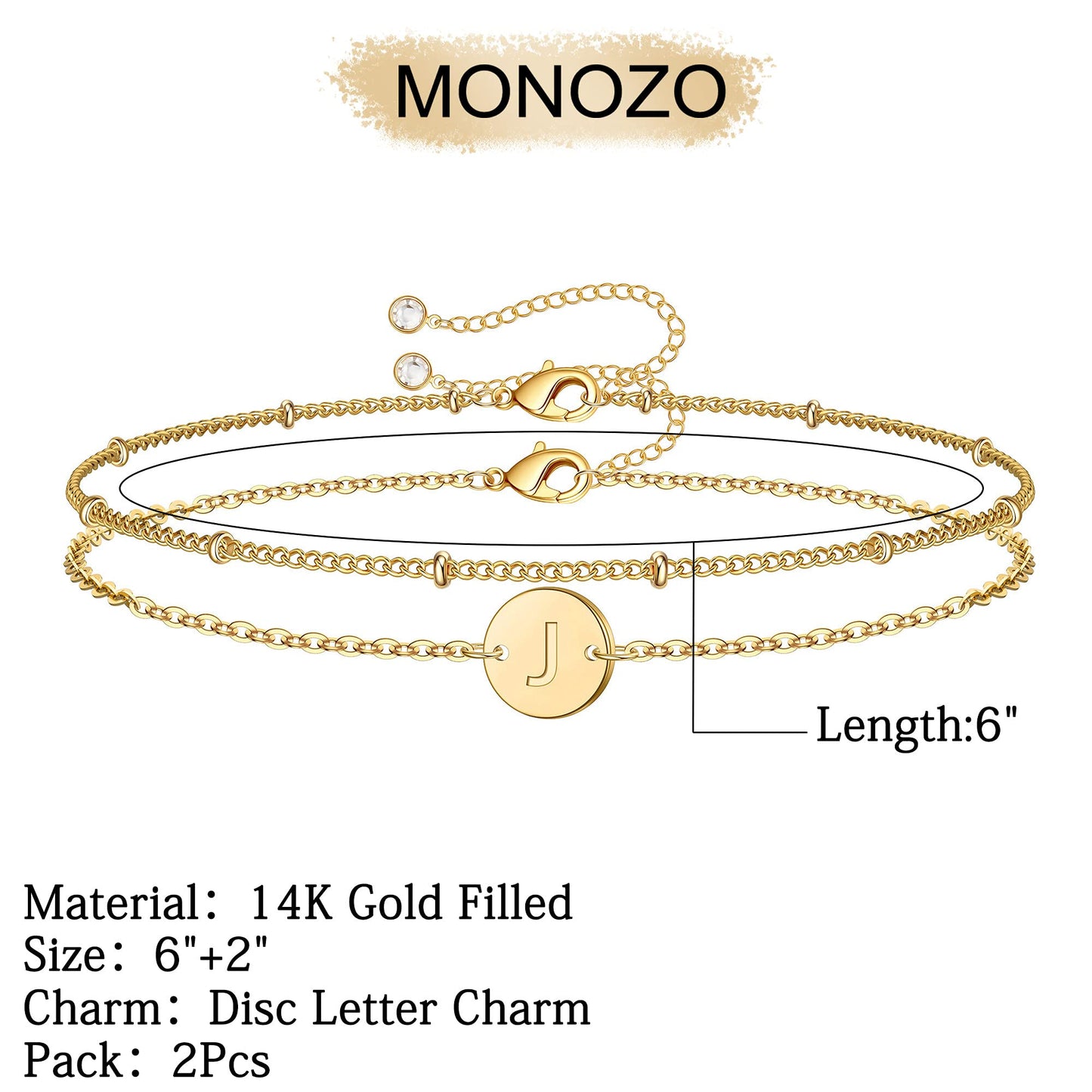 MONOZO Gold Initial Bracelets for Women, Dainty 14K-gold-plated Layered Beaded J Letter Initial Bracelet Personalized Alphabet Disc Monogram Charm Bracelet Jewelry Gifts