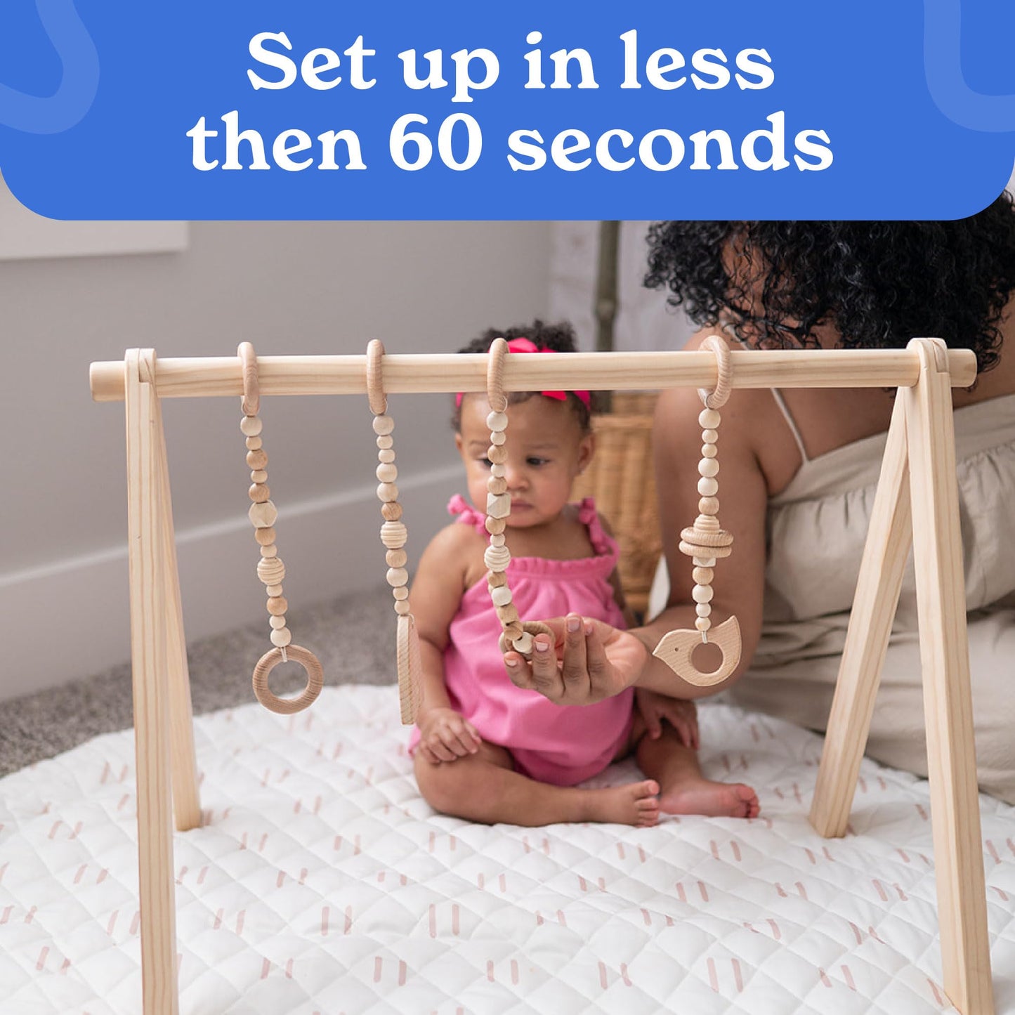 Poppyseed Play Wooden Baby Play Gym | Montessori-Inspired Activity Center with 4 Hanging Toys | Natural Wood & Silicone | Ideal for Tummy Time, Sensory Play & Motor Skill Growth | 0-12 Months