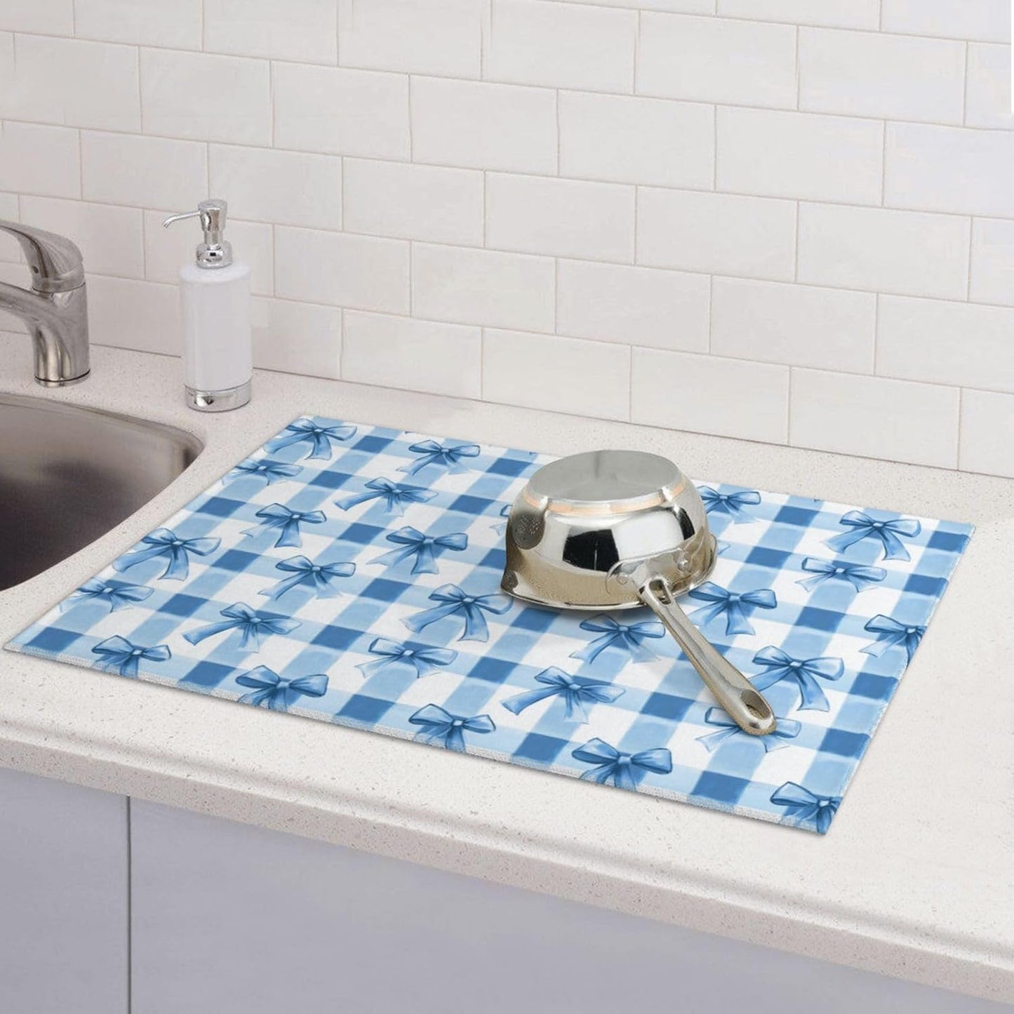 Dish Drying Mat for Kitchen Blue Bows Check Counter Absorbent Dishes Drainer Microfiber Large 18x24 Inch