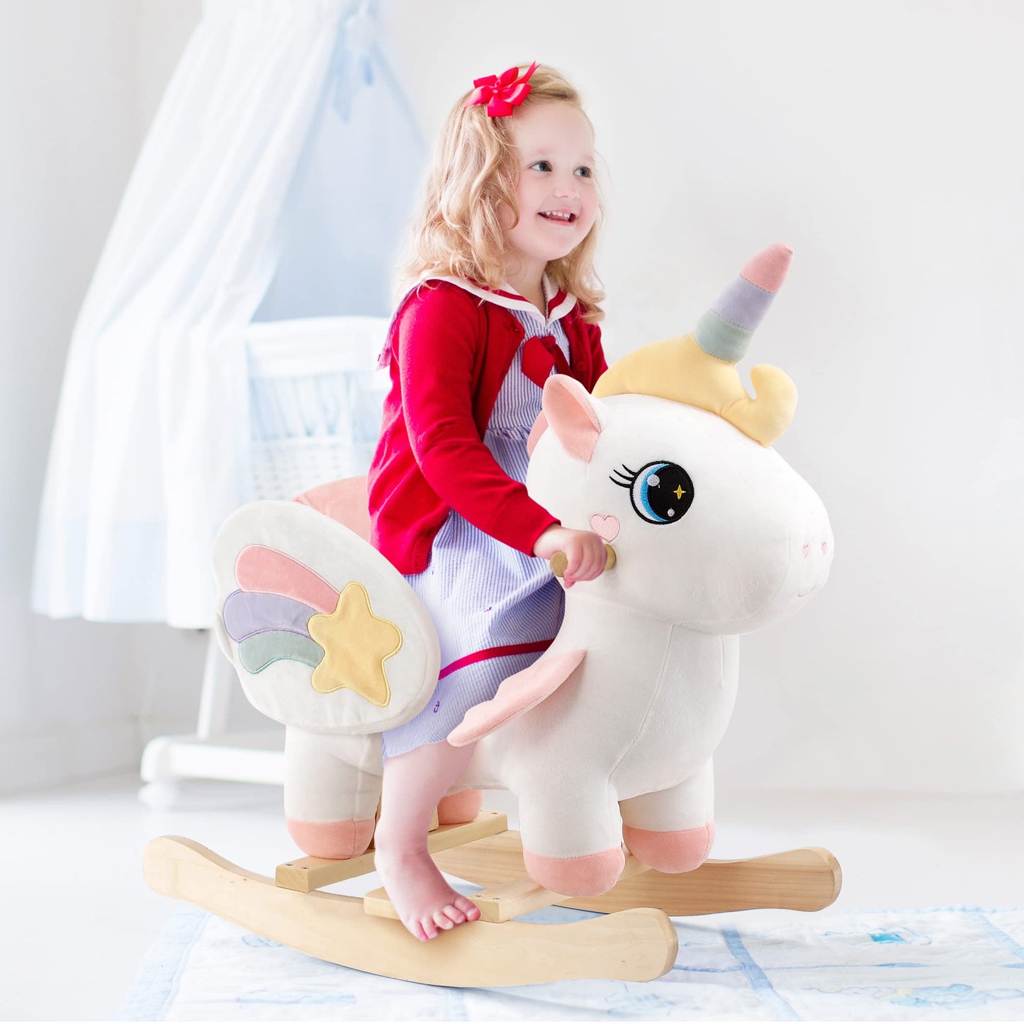 FUNLIO Unicorn Baby Rocking Horse, Rainbow Fairy Unicorn Rocking Horse for Toddlers 6 Months to 3 Years, Stuffed Ride-on Animal Rocker, Easy to Assemble, CE & CPC Certified