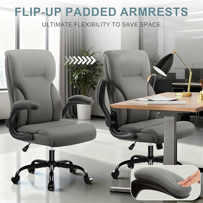 Executive Office Chair, High Back Ergonomic Comfy Desk Chair with Padded Flip-up Armrests and Wheels, PU Leather Heavy Duty Computer Swivel Rolling Task Chair for Home Office, Adults, Gray