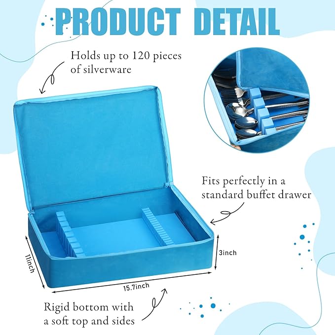Zippered Flatware Storage Drawer Liner Silverware Storage Bag Tarnish Preventative Silver Organizer Cutlery Case Container Box Large Capacity Silverware Chest 15.75" x 11.02" x 3.94"(Blue)
