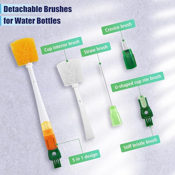 5-in-1 Bottle Brush Set(2Pcs Green & Orange), Long Handle Bottle Cleaning Brush Straw Brush Nipple Brush Hard-corner Brush for Sports Water Bottles Caps Mugs Glasswares Tumblers Wine Decanters