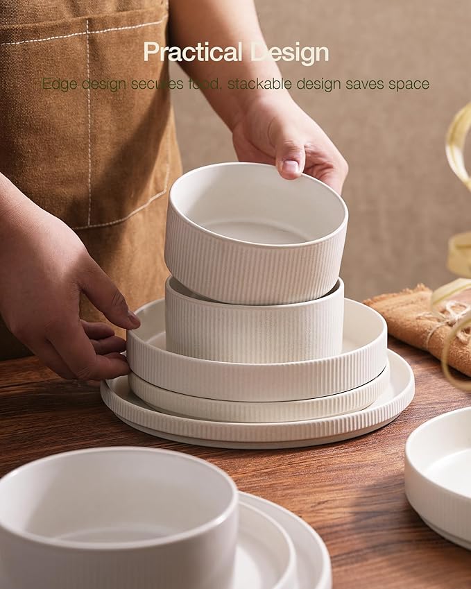 Famiware Star Dinnerware Set with Pasta Bowls, Service for 4 (16pcs), Ribbed Stoneware Plates and Double Bowls Dishes Sets - Chip & Scratch Resistant, Microwave & Dishwasher Safe, Matte White