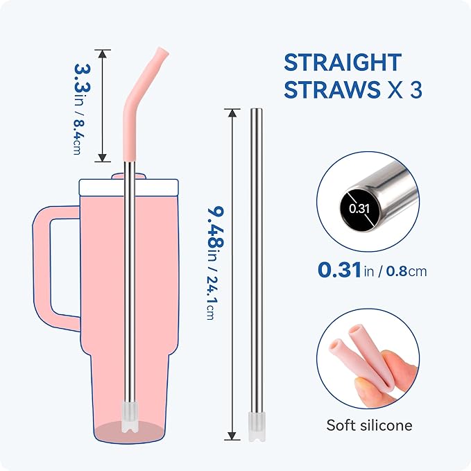 Reusable Metal Straws with Silicone Tip for Stanley 30oz,Stainless Steel Drinking Straws for 30oz Tumbler,3 Straight Tubes & 6 Tips& 1 Cleanr Brush (Iris)