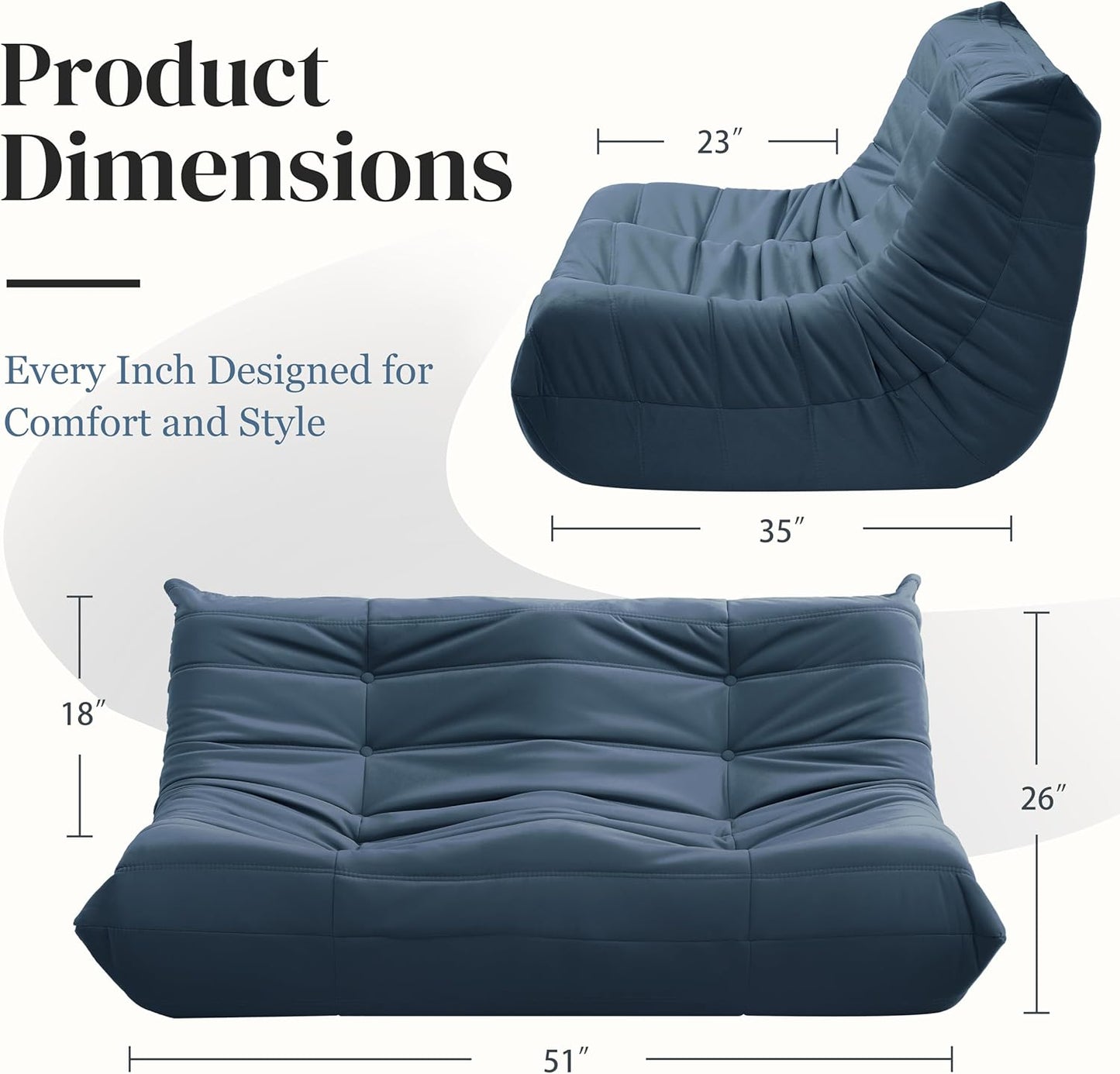 Bean Bag Chair, Loveseat Fireside Chair Bean Bag Sofa for Adults, 2 Seater Bean Bag Chairs for Teens with High-Resilience Foam, Memory Foam Bean Bag for Living Room, Bedroom, Office (Suede, Dark Blue)