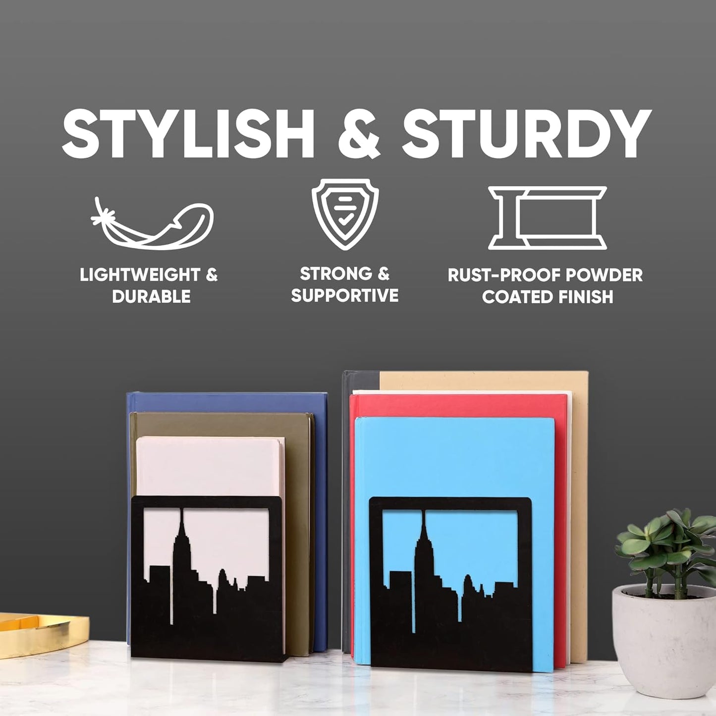 Geomod Decorative New York City NYC Skyline Metal Bookends (Black, 1 Pair) Book Ends for Tables, Desks, Shelves | Bookends to Hold Tall, Hardback Books…