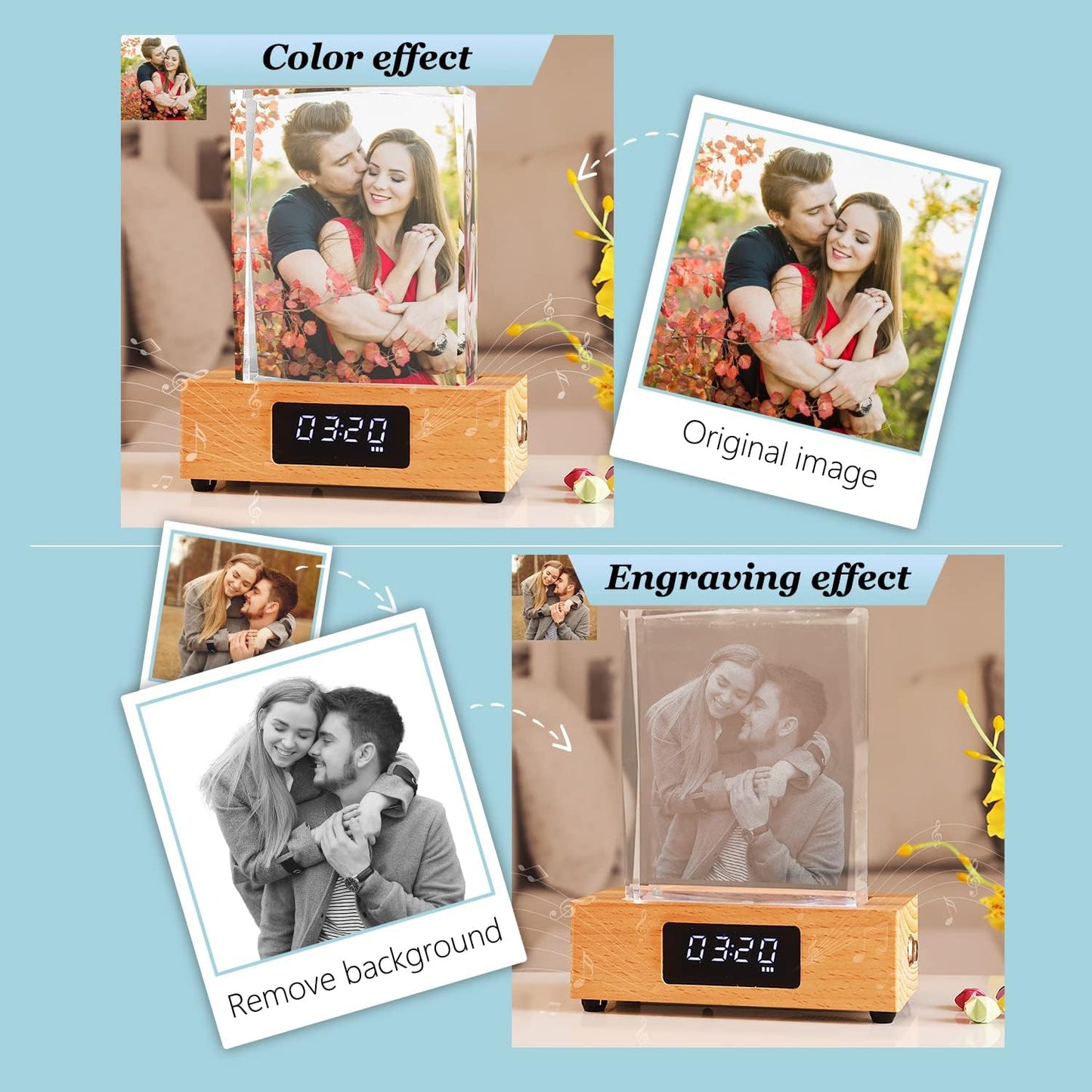 Crystal Print with Your Photo, Office Desk Decor Personalized Picture Gift Glass Clear Frame with Bluetooth Clock Colors LED Light Change Mood Light