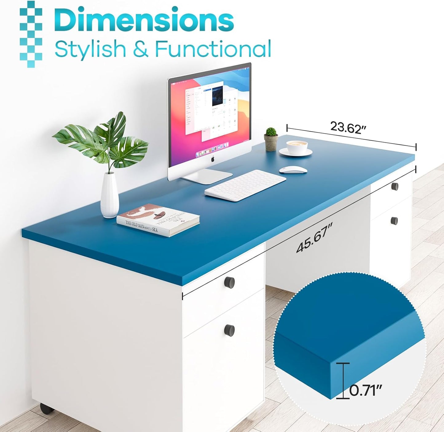Kaboon Universal Table Top 45.67"x23.62", Solid One-Piece Desktop, Reversible Melamine Countertop, Double Desks, L-Desk DIY, Cyan