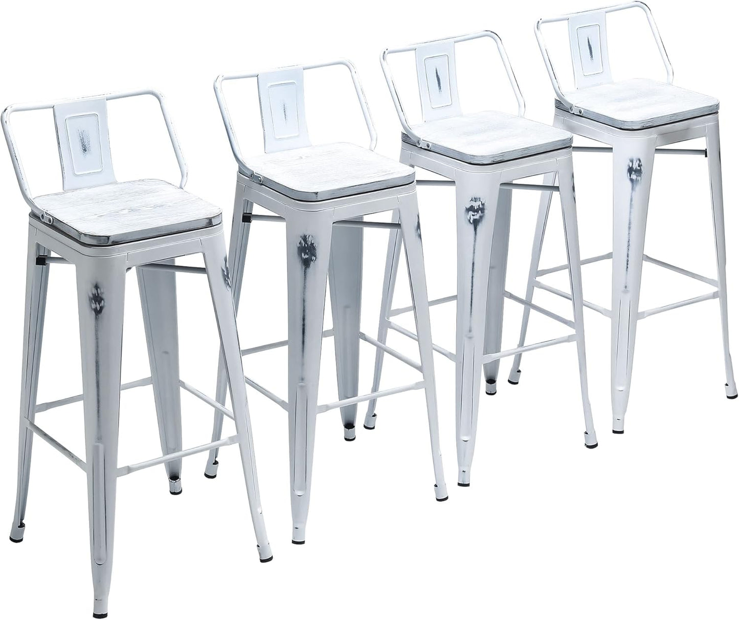 Yongchuang 30 inch Bar Stools Set of 4 Bar Height Metal Barstools with Wood Seat Distressed White Low Back Kitchen Bar Chairs