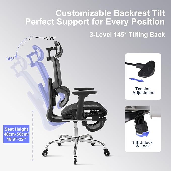 Office Chair with Footrest, Ergonomic Chair with Neck Pillow & Rubber Wheels, Computer Chair with Adjustable Backrest & 3D Armrests Headrest, Gaming Chair Adaptive Lumbar Support, Black