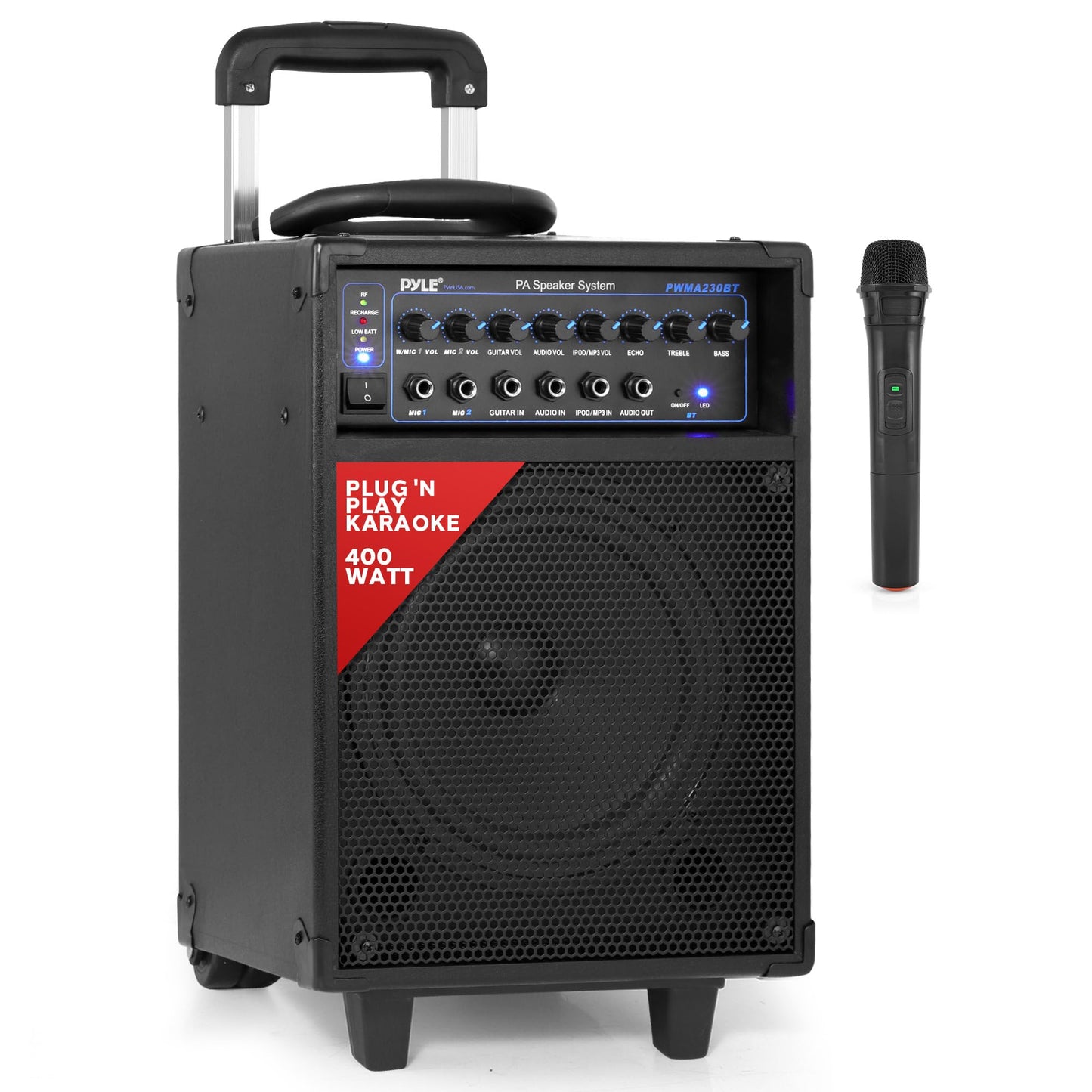 Pyle Wireless Portable PA System-400W Bluetooth Compatible Rechargeable Battery Powered Outdoor Sound Stereo Speaker Microphone