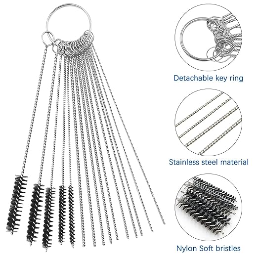 6 Pieces Brass Bore Brush in Different Sizes + 15 Pcs Cleaning Needles Nylon Brushes Tools, Twisted Wire Brush with Handle 1/4 Inch Hex Shank Attachment Drill Set for Tubes Ports Bearings