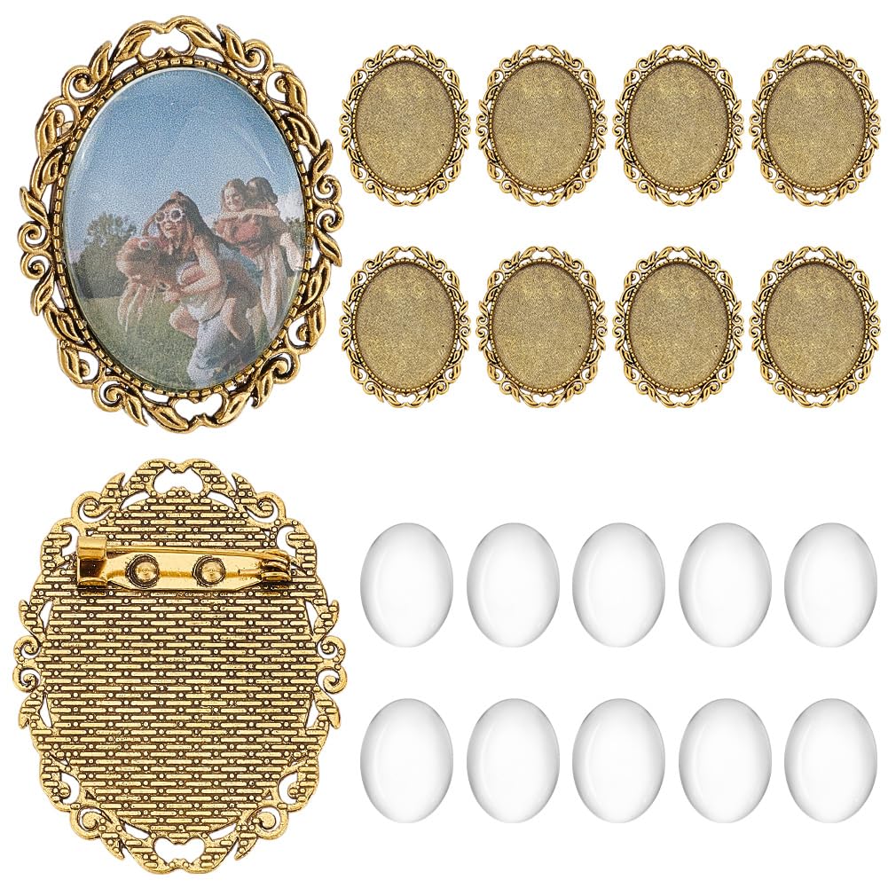 PH PandaHall 10 Sets Brooch Cabochon Making Kit, 40x30mm Vintage Oval Brooch Bezel Blank Memorial Photo Pins with Clear Glass Cabochons for Jewelry Making Wedding Graduation Party, Antique Golden