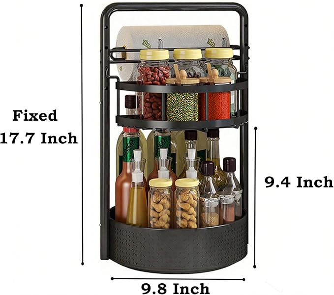 JEESA Lazy Susan Organizer, 360° Rotating Metal Spice Rack with Paper Towel Holder, Turntable Spice Holder for Condiments, Bottles, Jars, Suit for Kitchen Countertop & Cabinet, Black