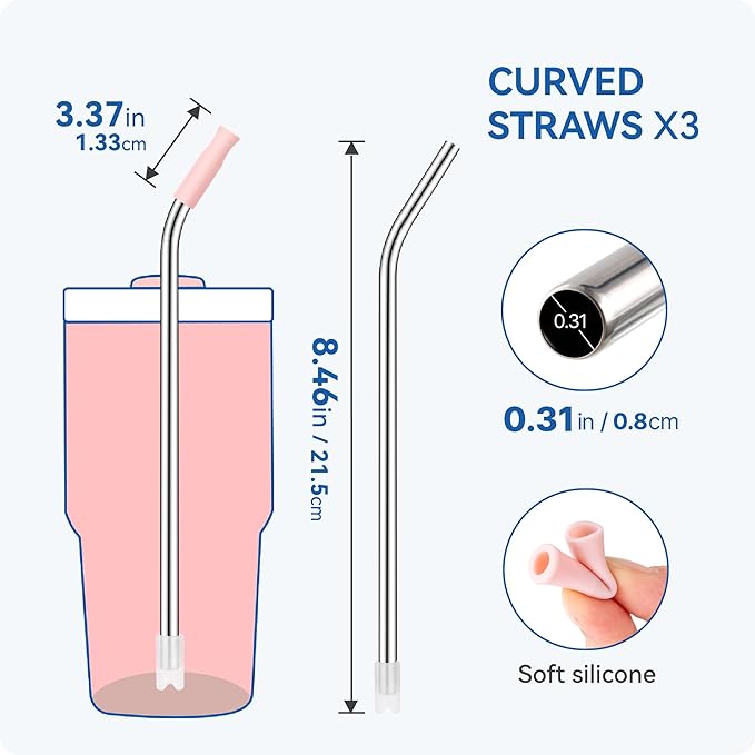 Reusable Metal Straws with Silicone Tip for Stanley 20oz,Stainless Steel Drinking Straws for 20oz Tumbler,3 Bent Tubes & 6 Tips& 1 Cleanr Brush(Transparent)
