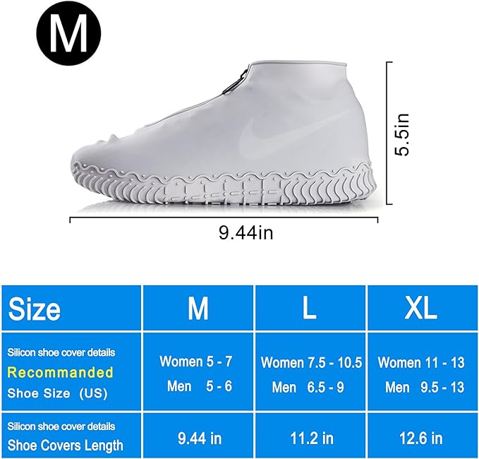 Waterproof Shoe Covers, Silicone Reusable Shoe Cover Non-slip Durable Zipper Elastic Rain Cover Protection for Men Women (M (Women 5-7, Men 5-6), Grey)