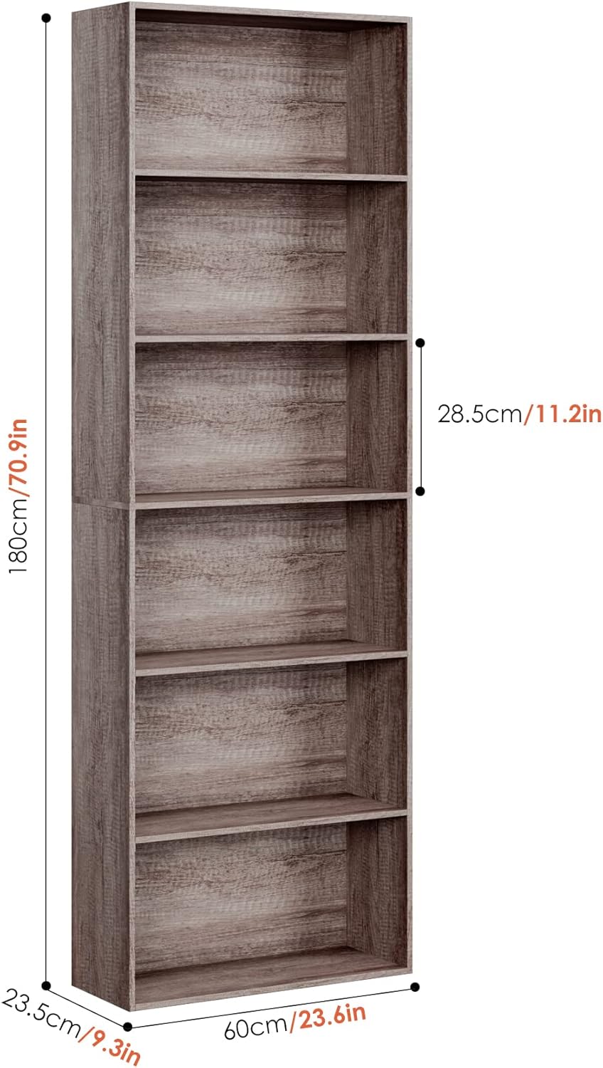 FOTOSOK 6-Tier Open Bookcase and Bookshelf, Freestanding Display Storage Shelves Tall Bookcase for Bedroom, Living Room and Office, Oak
