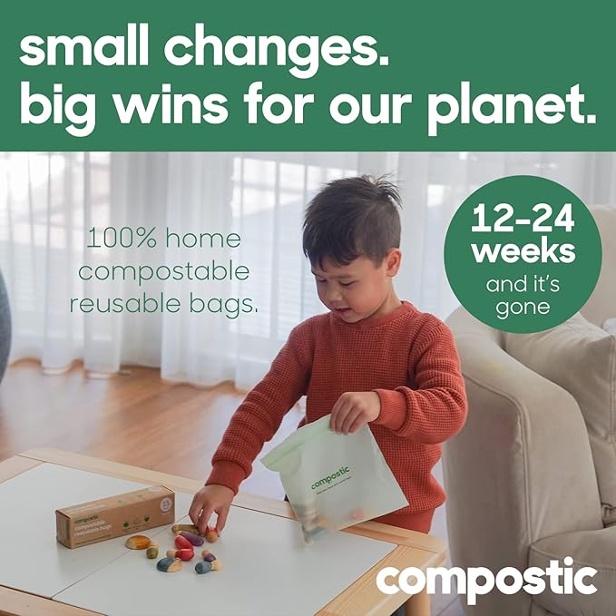 Compostic Home Compostable Resealable Sandwich Bags (7"x7"), Microwave & Freezer Safe, Organic Food Storage Container, 200 Count