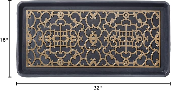 HF by LT Asian Screen Rubber Boot Tray, 32 x 16 inches, One-Piece Seamless Construction, Durable Vulcanized Rubber, Year Round Use Indoors or Outdoors, Black with Antique Bronze Finish