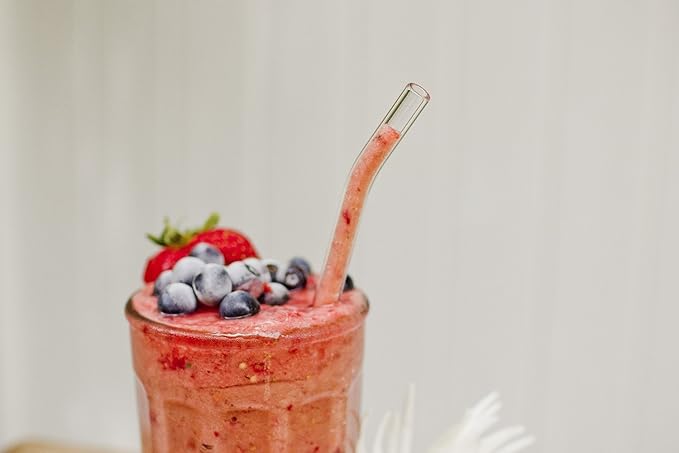 Hummingbird Glass Straws Clear Bent 9" x 9.5 mm Made With Pride In The USA - Perfect Reusable Straw For Smoothies, Tea, Juice, Water, Essential Oils - 4 Pack With Cleaning Brush