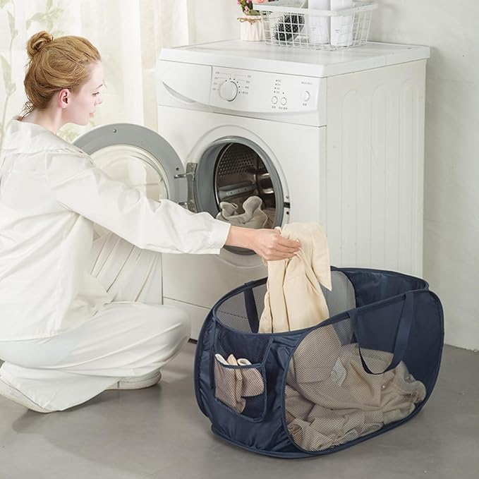 HONOMA Sturdy Mesh Laundry Hamper Basket Bag,Pop up Basket with Side Pocket for Laundry Room, Bathroom, Kids Room, College Dorm or Travel (Pop Horizontal, Navy Blue)