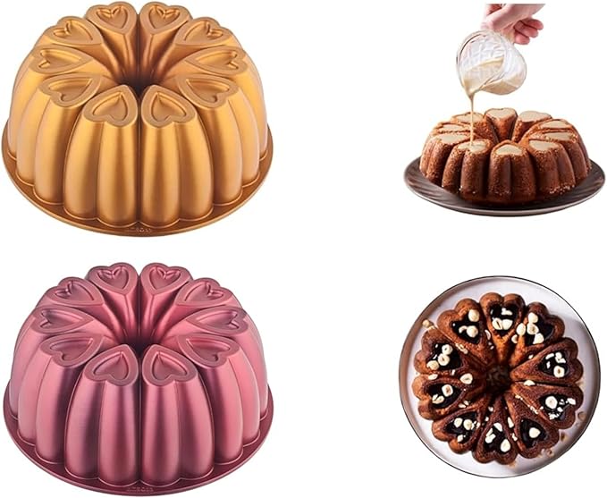 Heart Shape Aluminum Cake Pan, Titanium Coating, Non-Stick, 12 Cups, Gifts for Mom, 10 Inch Baking Mold, Cast Aluminum Fluted Tube Pan, Easy to Clean (2-Pack, Red-Gold)