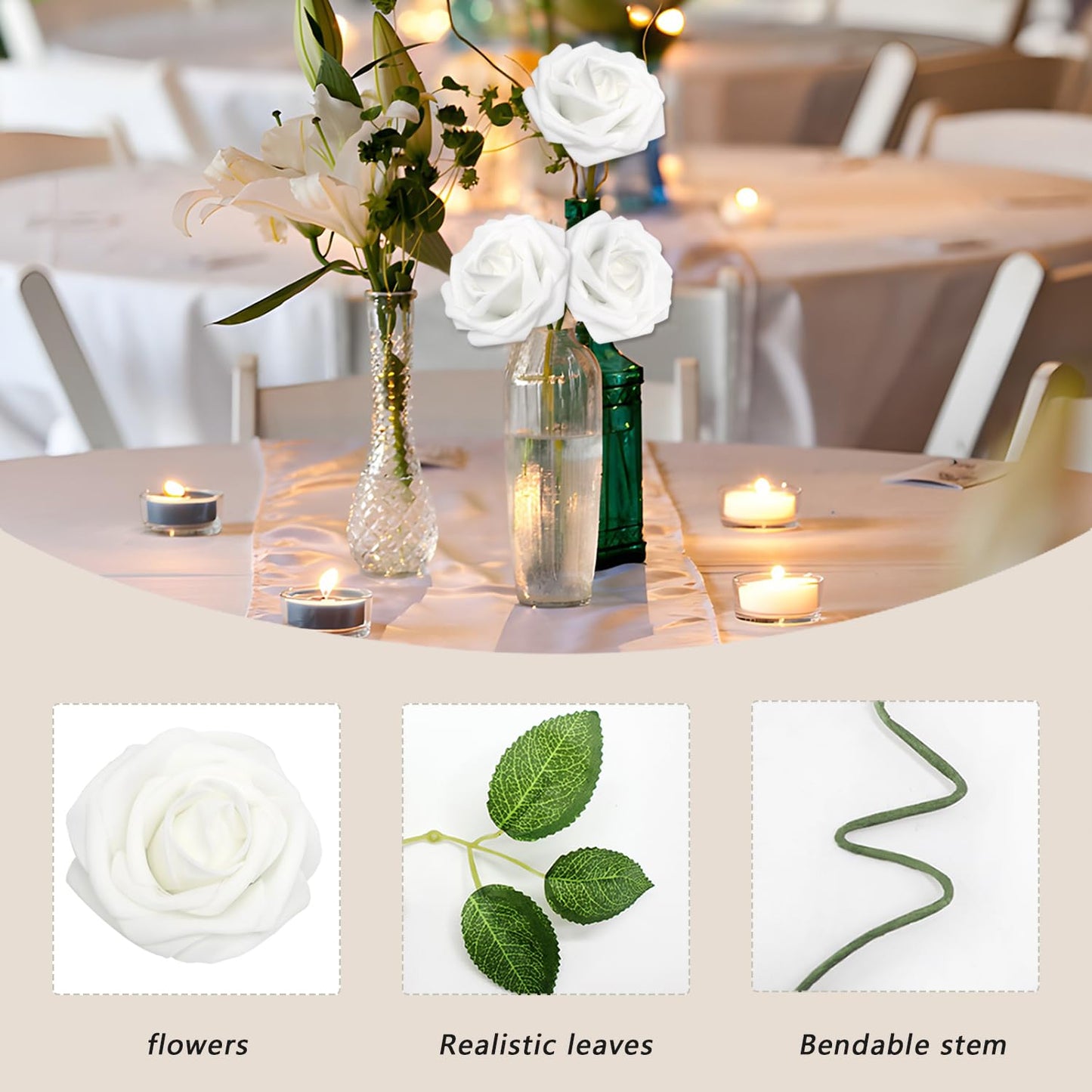 WANTMAZOR 200PCS Artificial Flowers White Roses Real Looking Foam Fake Roses with Leaves and for DIY Wedding Bouquets Bridal Shower Centerpieces Party Decorations (White, 200)
