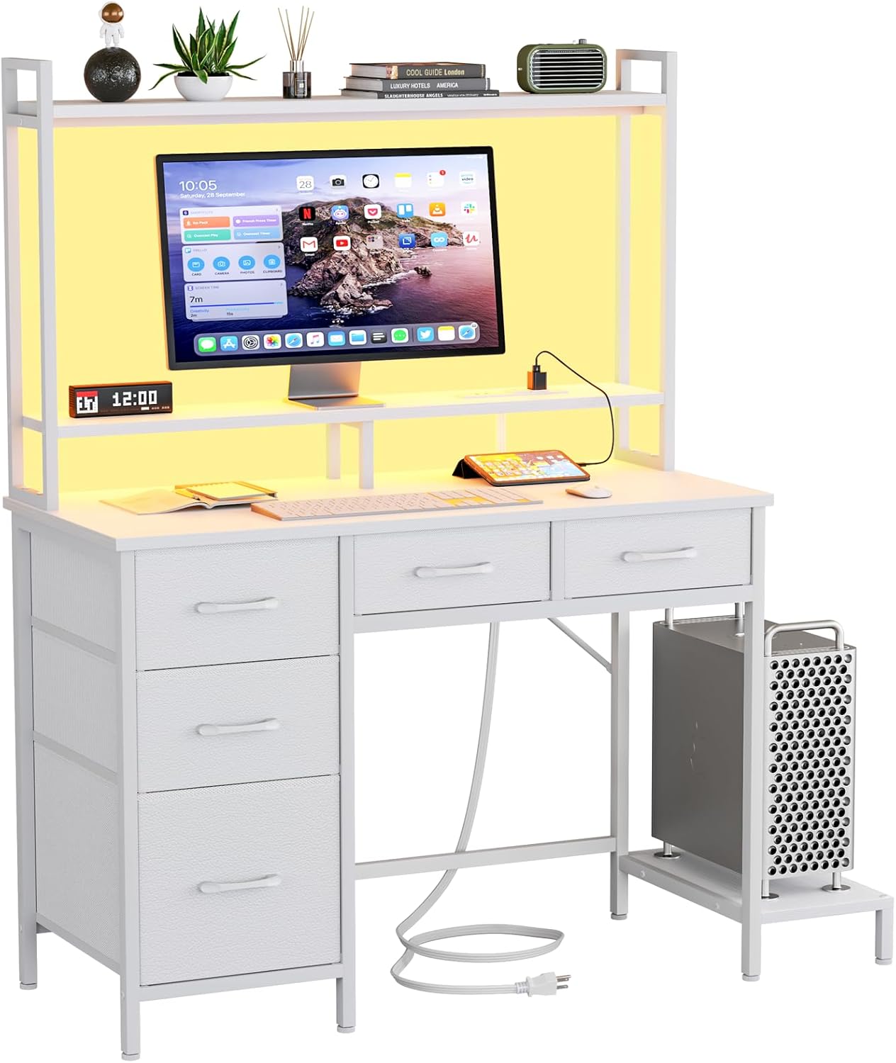 Computer Desk with Hutch, White Gaming Desk with Power Outlets & LED Ligthts & 5 Fabric Drawers, Home Office Desk with 2 Tiers Storage Shelves for Display (White Oak, 39 Inch)