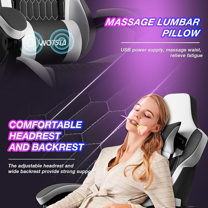 Gaming Chair with Footrest, High Back Gaming Chairs PVC Leather Ergonomic Gamer Chair with Adjustable Headrest Lumbar Support Racing Style Video Gaming Chair for Office/Home (Black White)