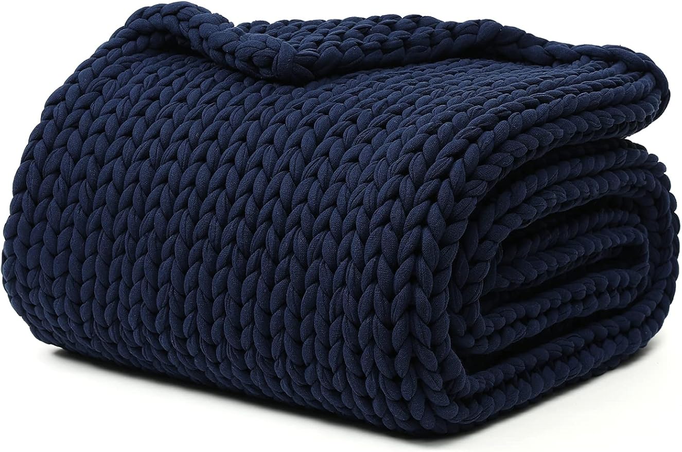 YnM 100% Cotton Weighted Blanket, Handmade Chunky Knitted Throw, No fillers Design, Soft and Breathable, Machine Washable Bed Blanket for Sleep or Home Decor (Navy Blue, 60x80 Inch, 25lbs)