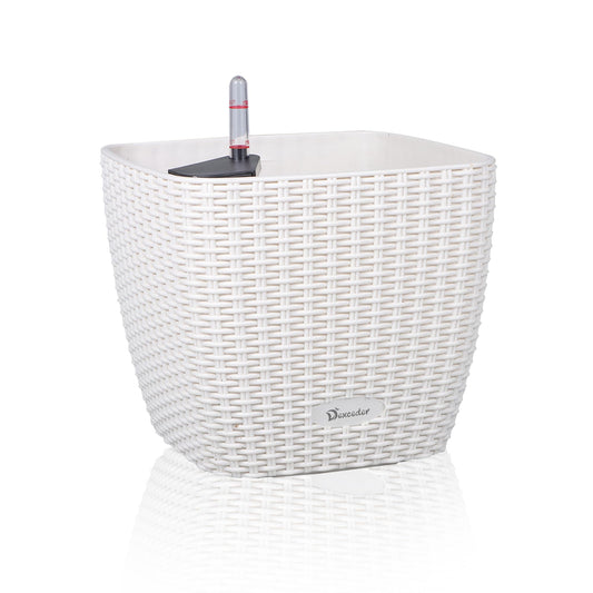 Dexceder 9x8 Self Watering Planter Indoor Outdoor, Inner Mat Design, Thickened Table Flower Plant Pot with Water Level Indicator (Ivory White Rattan)