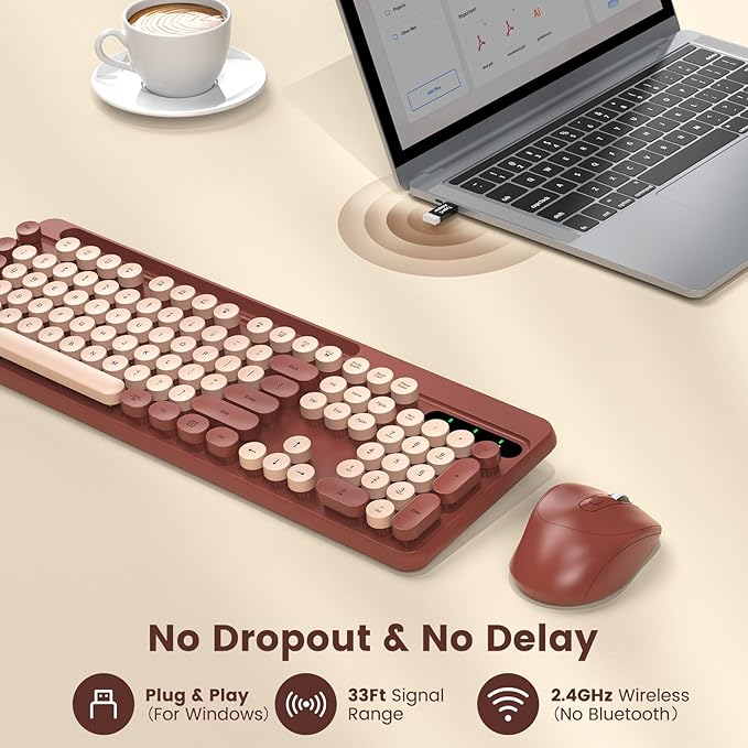 Wireless Keyboard and Mouse Combo, Retro Round Keycaps, Full-Size Stylish Typewriter Keyboard with Phone/Tablet Holder, Ergonomic Mouse with 3-Level DPI, 2.4GHz Connection for Windows/PC (Burgundy)