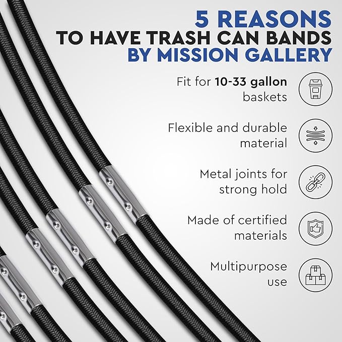Trash Can Rubber Bands Set of 6 - Elastic Garbage Can Bands with Metal Connector, Fits 13 to 33 Gallon Trash Bags - Gripper Trash Can Bands for Waste Baskets, Black