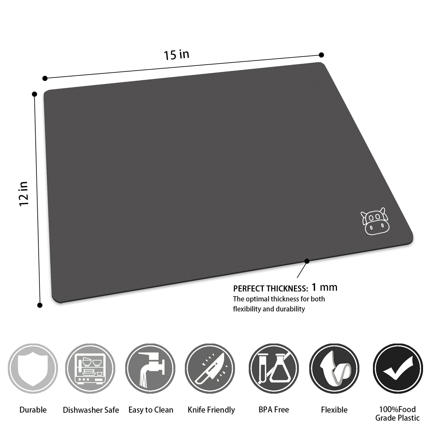 ZVP Flexible Plastic Cutting Board Set of 5 Gradient Color, Colorful Chopping Boards, BPA Free Mats, Non-Slip, Dishwasher Safe, 15x12 Inch, Gray Neutral Colors