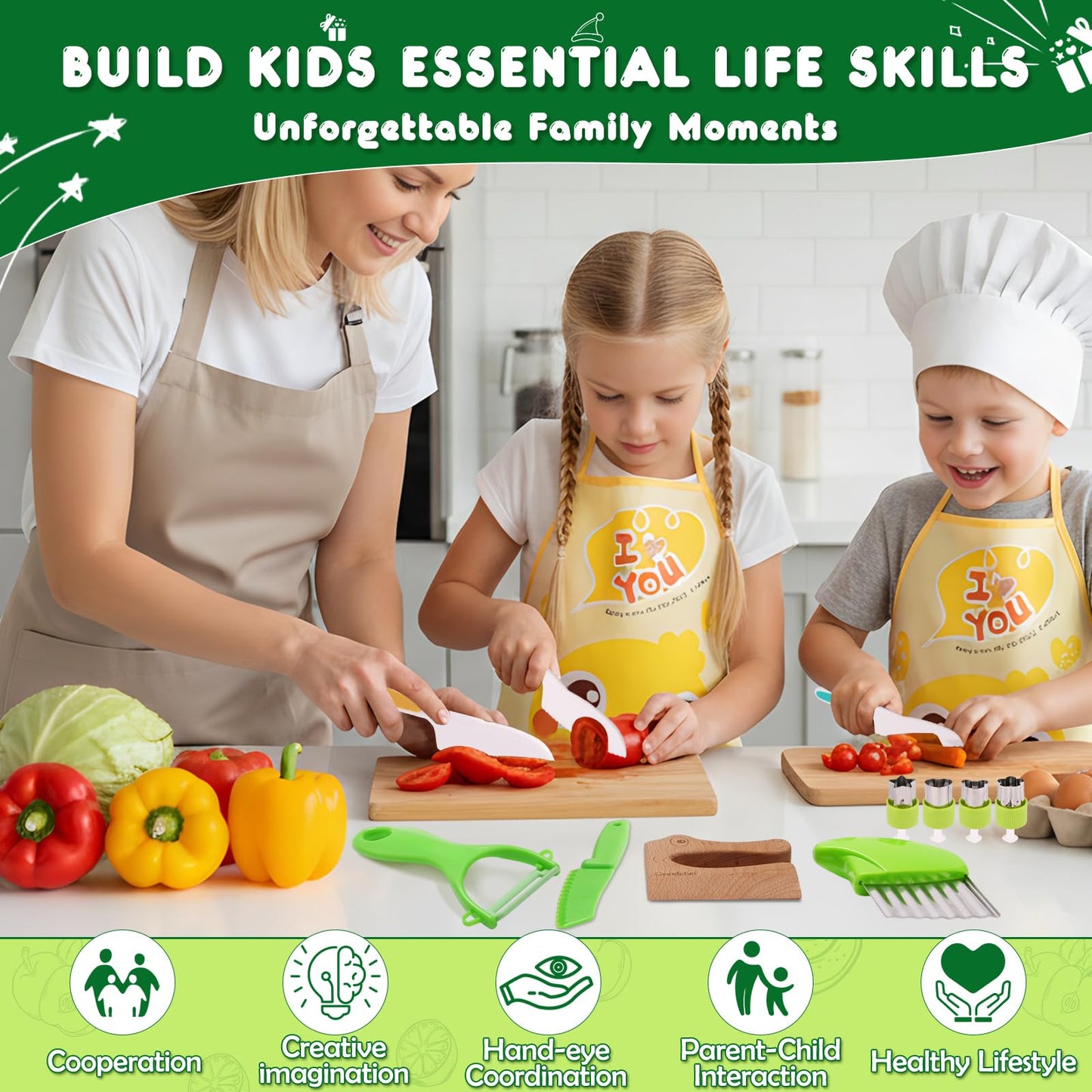 16PCS Kids Cooking Set with Safe Peeler – Montessori Kitchen Tools for Kids Real Kids Knife Set Child-Safe Plastic Knives Toddler Cooking Set Toy Suitable for Ages 3-10 for Toddler