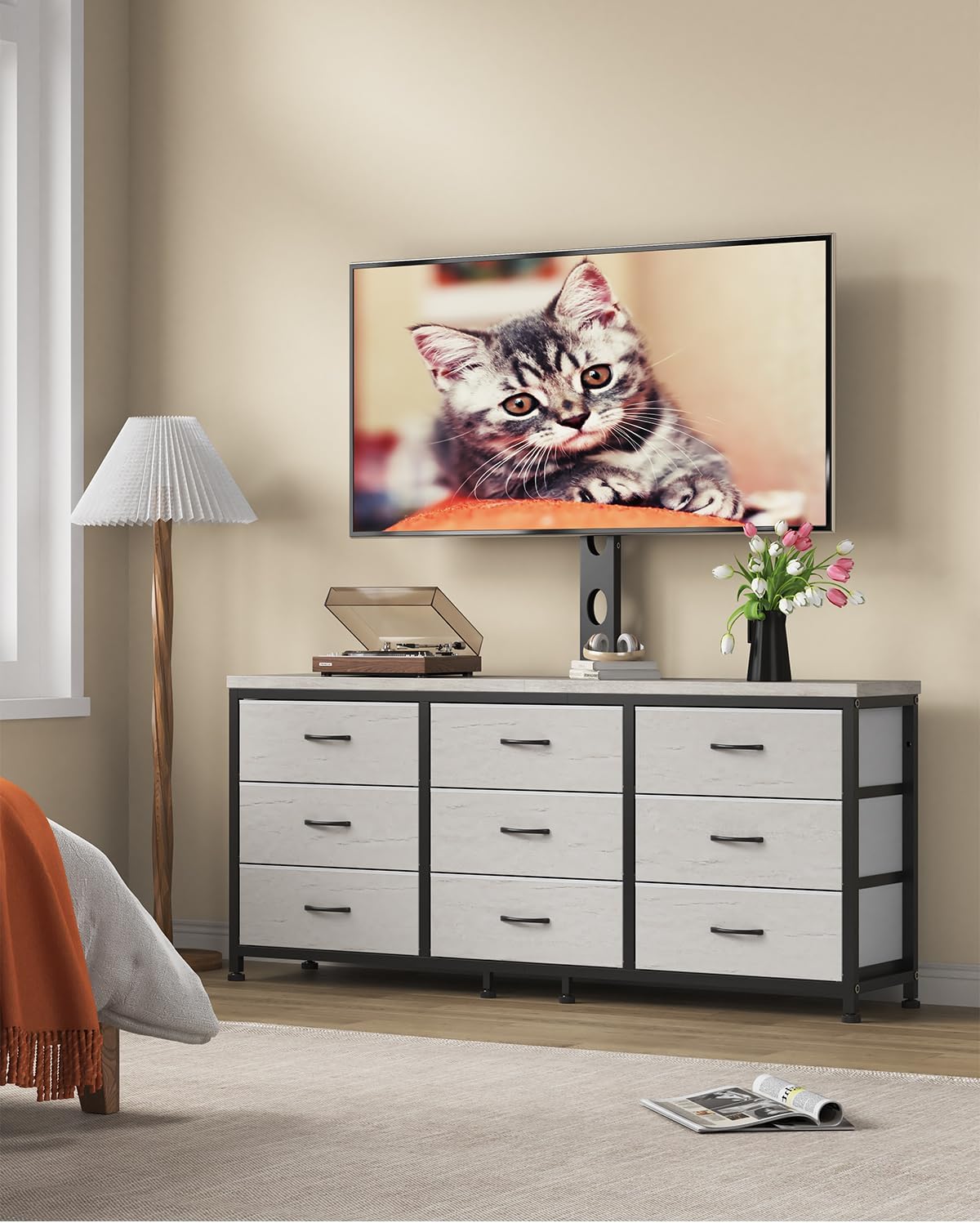 TV Stand with Mount for 32/55/65/75/85 inch TVs, Entertainment Center with 9 Fabric Drawers Dresser Storage, Height Adjustable Media Console