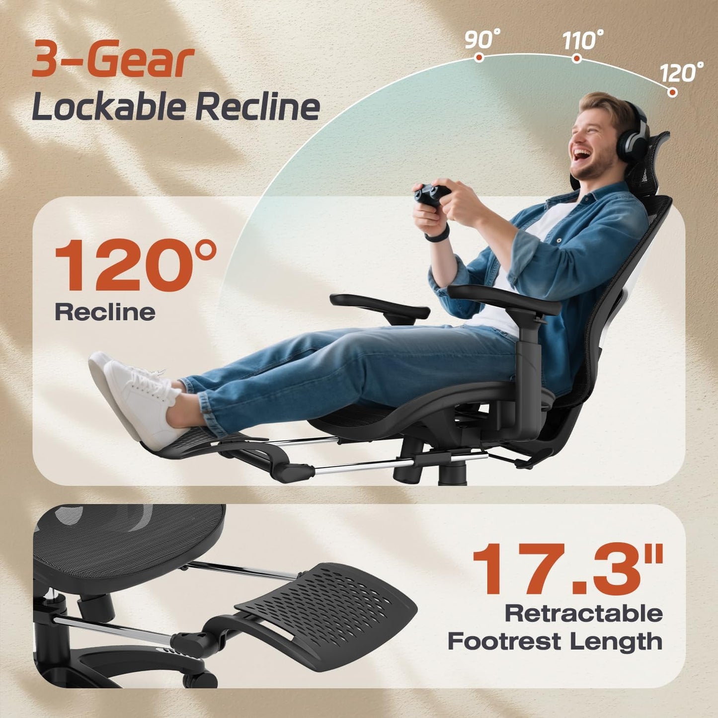 Ergonomic Office Chair, Mesh Desk Chair with Footrest, 3D Armrest - 215° Rotation, Adjustable Lumbar Support & Headrest, 90°-120° Tilt Lock, Big and Tall Computer Gaming Chairs, Black