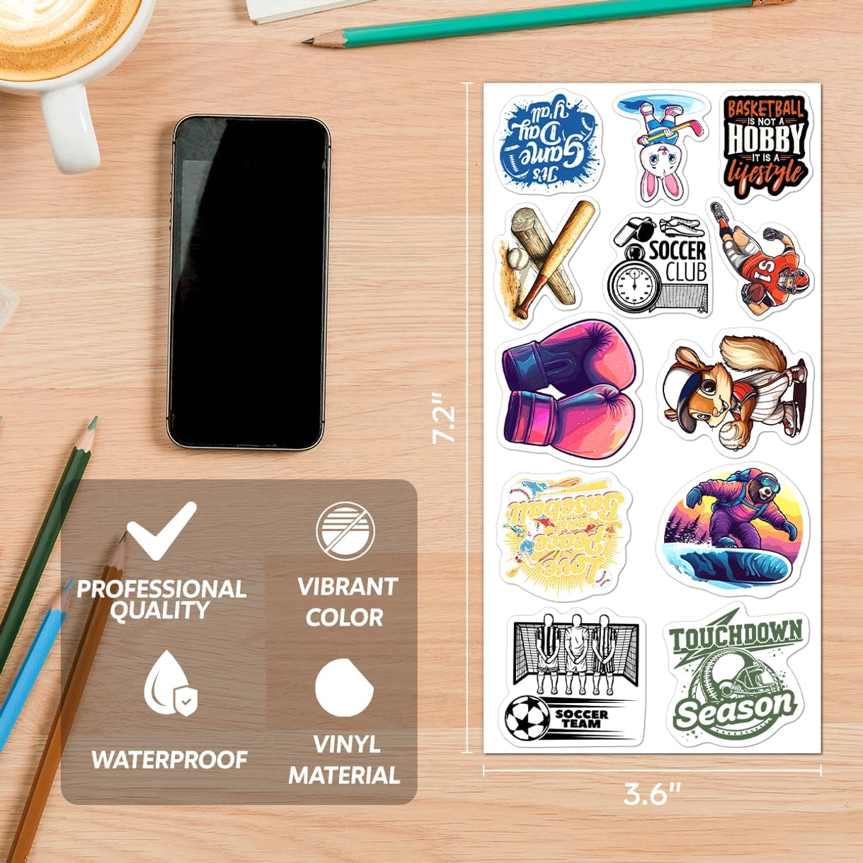 Sports Motivational Stickers 108Pcs Pack for Water Bottles Skateboards Lockers Laptops Football Basketball Soccer Tennis Golf Decals Waterproof Vinyl Teens Kids