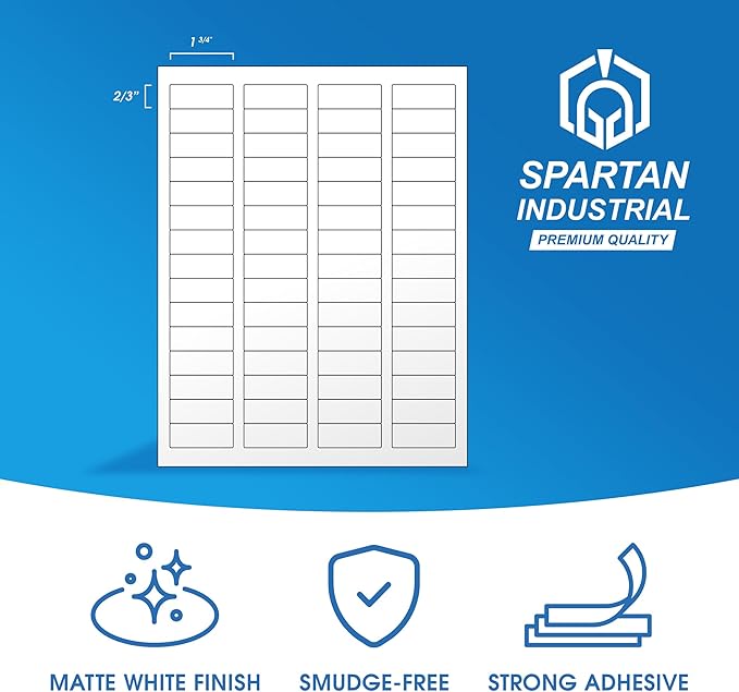 1 3/4" X 2/3" Matte White Printable Labels for Inkjet and Laser Printers - 100 Sheets, 6000 Custom Stickers for Return Address Labels, Price Tags, File Folders - Spartan Industrial Template R003