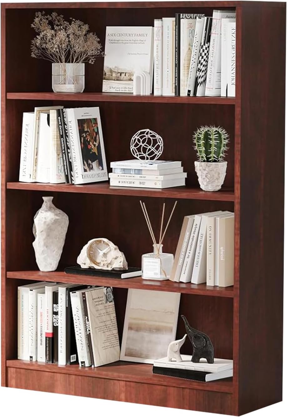 Wooden Bookcase with Adjustable Shelves, 4 Tier Wooden Bookshelf for Small Spaces, Office or Living Room, Modern Bookshelves Storage Rack, Manga Display Shelf,48 Inch,Cherry