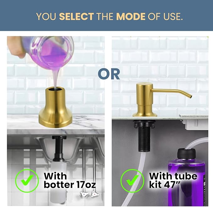 SBEN Built-in Kitchen Sink Soap Dispenser – Stainless Steel Pump, 17 oz Bottle and Extension Tube Kit 47", Upgraded Metal Check Valve, Countertop Hand Soap & Lotion Dispenser (Gold Brushed)