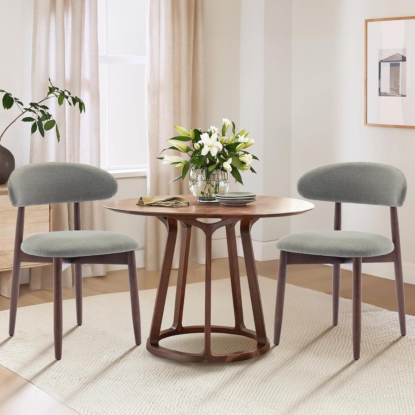 COLAMY Wooden Dining Chairs Set of 2, Modern Fabric Upholstered Kitchen Side Chairs, Farmhouse Dining Room Chair with Foot Pegs, Green