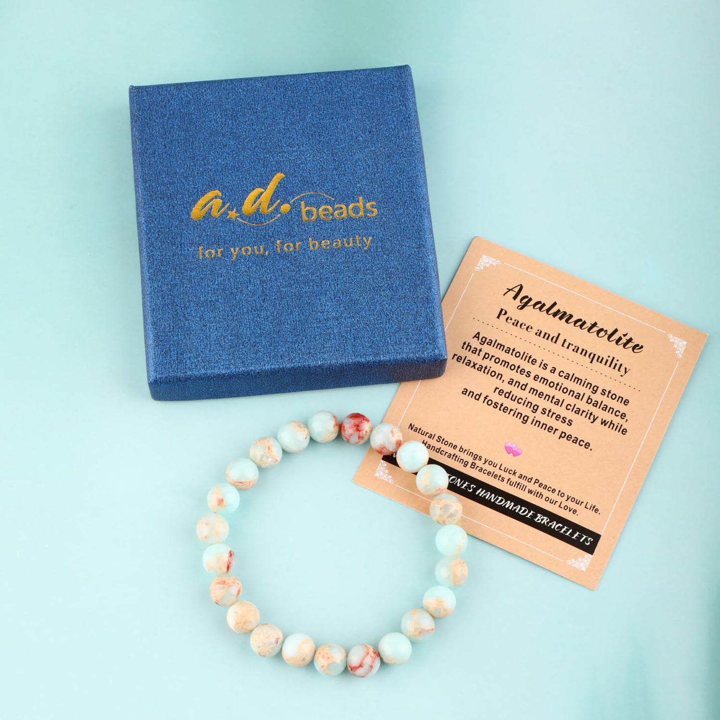 AD Beads 6mm Handmade Agalmatolite Elastic Bracelet – Natural Gemstone for Peace and Tranquility – Meditation, Yoga, Healing and Energy Gift for Men Women