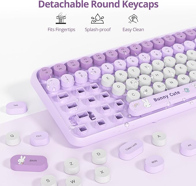 Owpkeenthy Cute Purple Keyboard and Mouse Wireless, Colorful Keyboard Retro Typewriter Style Full-Sized with Number Pad Round Keys for Desktop, Laptop and Computerr (Bunny Purple)