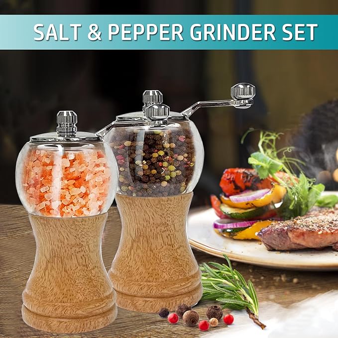 Salt and Pepper Grinder Set Manual Pepper Mill Set Classical Hand Shake Wooden Salt Mill Acrylic Ceramic Blades Upgrade Metal Handle, Enjoy Fresh Ground Pepper Salt Various Spices (2pcs-5in)