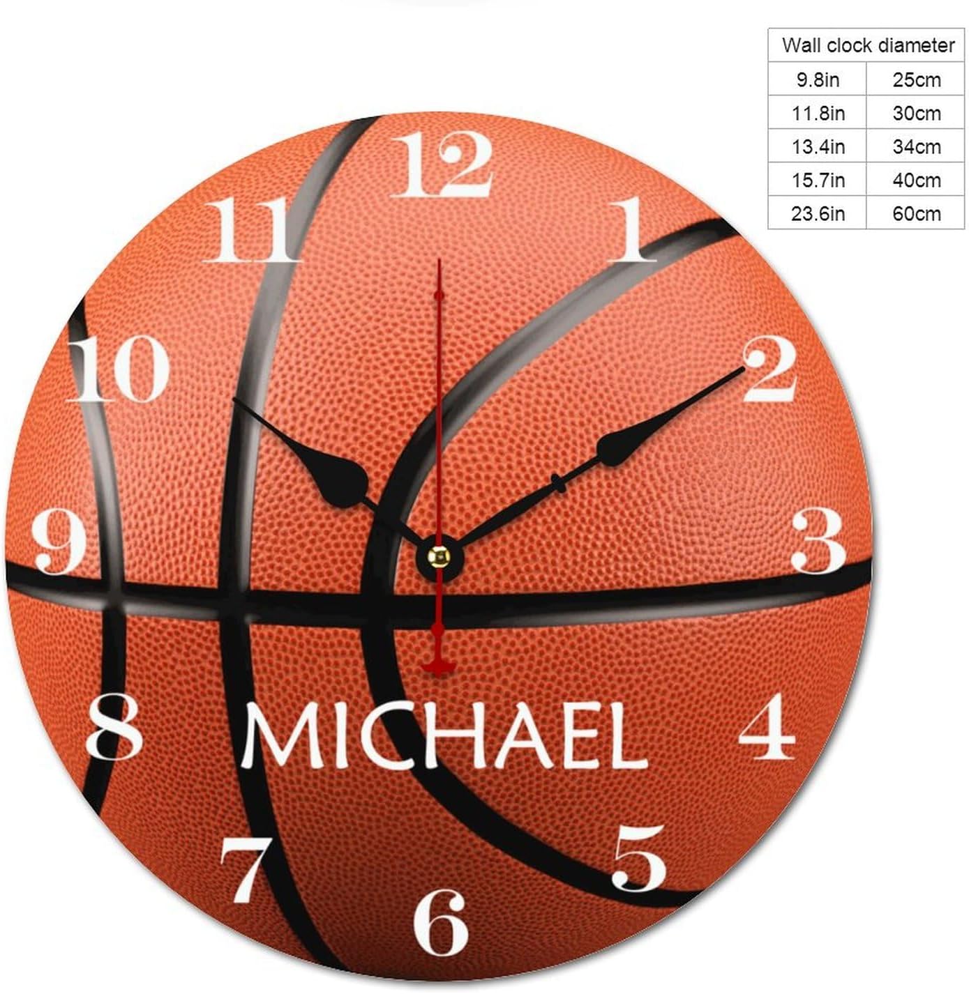 12 inch Personalized Basketball with Name Wall Clocks Battery Operated for Kids Bedrooms Nursery School Playroom Decor,Custom Kids Name Wall Clock,Sports Wood Round Clock Silent, Style-3