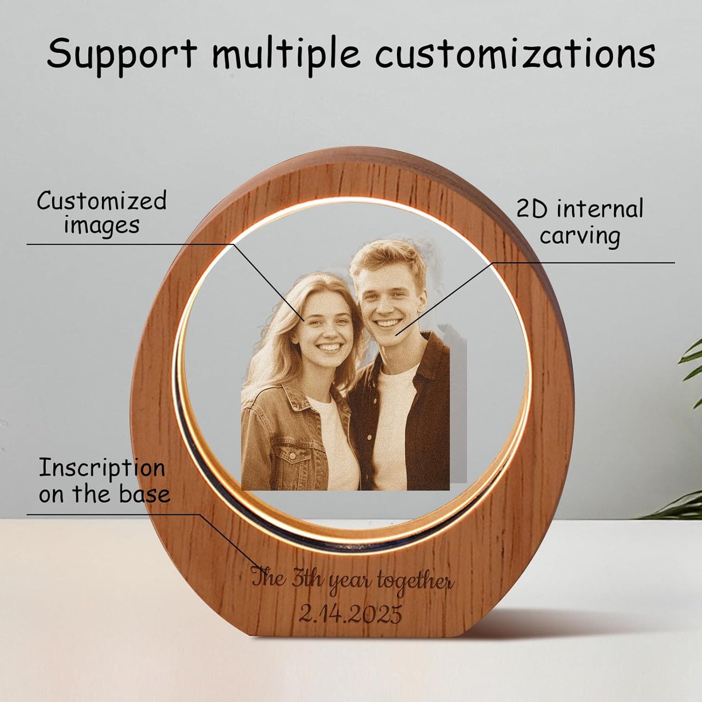 Custom 3D Crystal Photo Night Light – Personalized Glass Photo Ball with Customized 3D Picture Engraving, LED Light Wood Base, Unique Custom Gifts for Family, Pets, Birthday，Valentine's Day (Style 6)